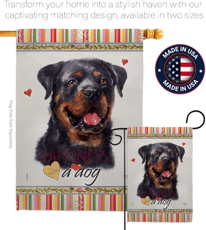 Breeze Decor Rottweiler Happiness Garden House Flag Kit Dog Puppy Spoiled Paw Canine Fur Pet Nature Farm Animal Creature Decoration Banner Small Yard Gift Double-Sided, Made in USA
