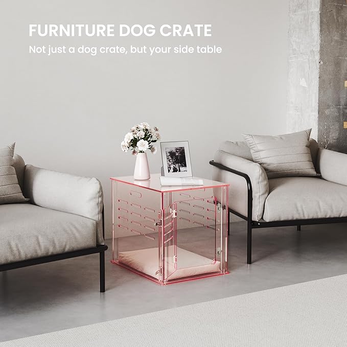 Sumerflos Acrylic Dog Crate Furniture - Clear Pink Dog Kennel End Table for Small Dog Cat Pet, Indoor Lockable End Table Dog Crate Ventilated See-Through, 23.6" L x 17.7" W x 20.0" H