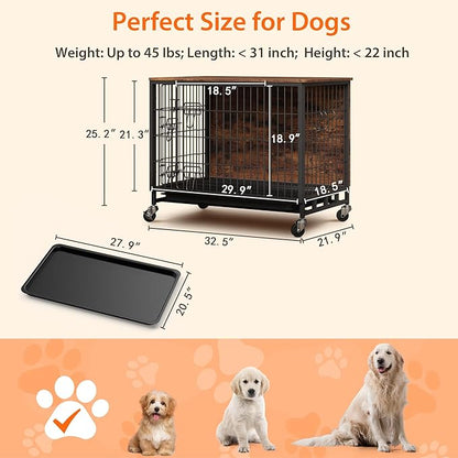 Dog Crate Furniture for Medium Dogs, 32.5" L x 21.9" W x 25.2" H Indoor Kennel with Double Doors, Wheels & Removable Tray, Sturdy Dog Cage with Easy Assembly, Rustic Brown
