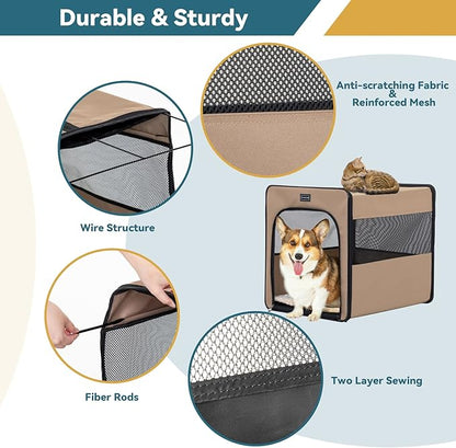 PETSFIT Dog Crate Travel, Portable Dog Crate - 31 Inch with Thicken Mat, Easy to Fold, Sturdy and Portable, Perfect for Traveling, Collapsible Dog Kennel Khaki