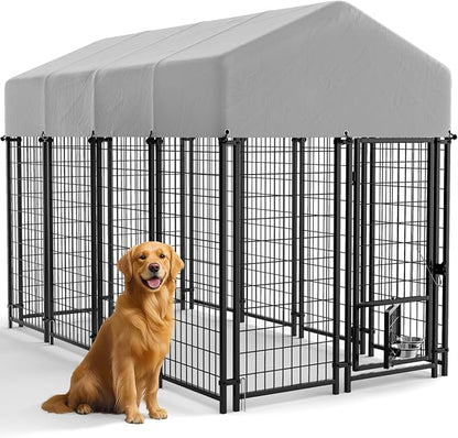 Greesum Large Outdoor Dog Kennel, Heavy Duty Welded Wire Steel Dog Playpen Fence with Secure Lock/UV-Resistant Waterproof Roof Cover/Rotaing Feeder Bowls, for Small/Medium/Large Dogs, XL