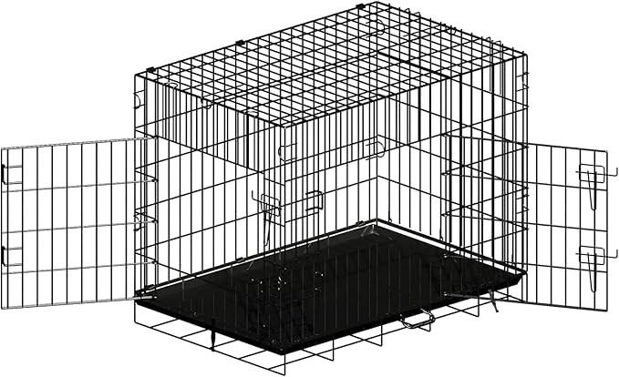 New Enhanced Double Door Dog Crate, Portable Wire Dog Crate with Tray and Divider, Pet Crate for Small Dogs, Indoor and Outdoor Pet Pen, 42" L x 28" W x 30" H Collapsible Kennel