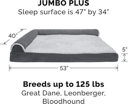 Furhaven Memory Foam Dog Bed for Large Dogs w/ Removable Bolsters & Washable Cover, For Dogs Up to 125 lbs - Two-Tone Plush Faux Fur & Suede L Shaped Chaise - Stone Gray, Jumbo Plus/XXL