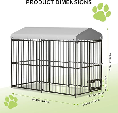 Large Outdoor Dog Kennel with Waterproof Cover, Large Dog House with Feeding Doors, Heavy Duty Dog Enclosures for Garden Backyard Courtyard（8×4×6FT）