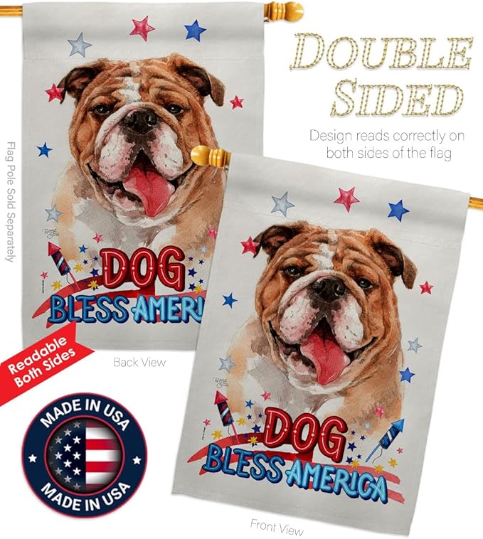 Breeze Decor Patriotic Bulldog House Flag Dowel Set Dog Puppy Spoiled Paw Canine Fur Pet Nature Farm Animal Creature Decoration Banner Small Garden Yard Gift Double-Sided, Made in USA