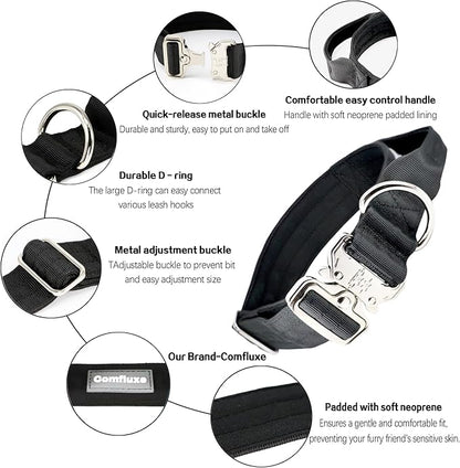Tactical Military Dog Collar, Strong Heavy Duty Dog Collar, Wide Thick Dog Collar with Handle, Soft Neoprene Padded Collar with Quick Release Metal Buckle for Medium Large Dogs (Black, M)