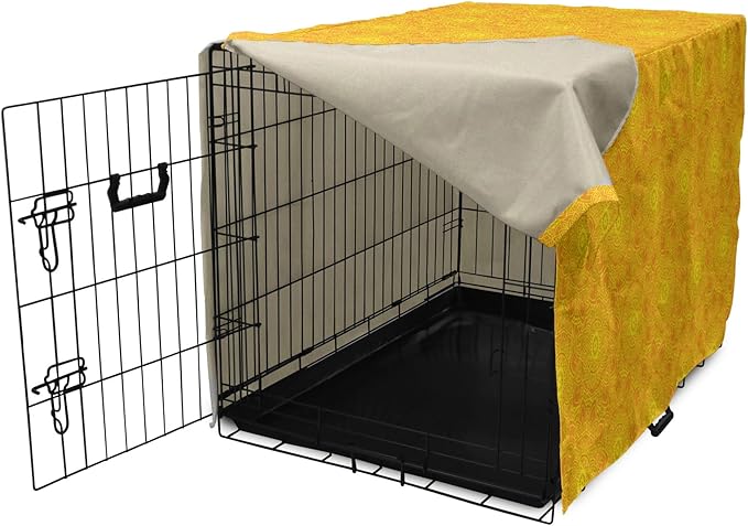 Lunarable Yellow Mandala Dog Crate Cover, Vibrant Colored Abstract Lotus Flowers Native Art Warm Sun Inspired, Easy to Use Pet Kennel Cover for Cats & Medium Dogs, 30 Inch, Yellow Orange
