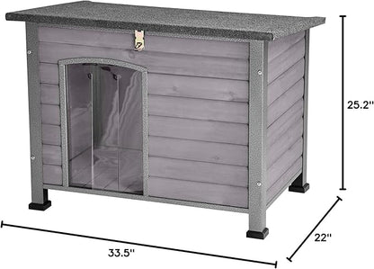 Indoor Outdoor Dog House,Anti-Chewing Iron Frame Dog Kennel,Wood Warm Pets Home,Weatherproof Outside Shelter for Feral Animal 33.5" (L) X 22" (W) X 25.2" (H) Grey