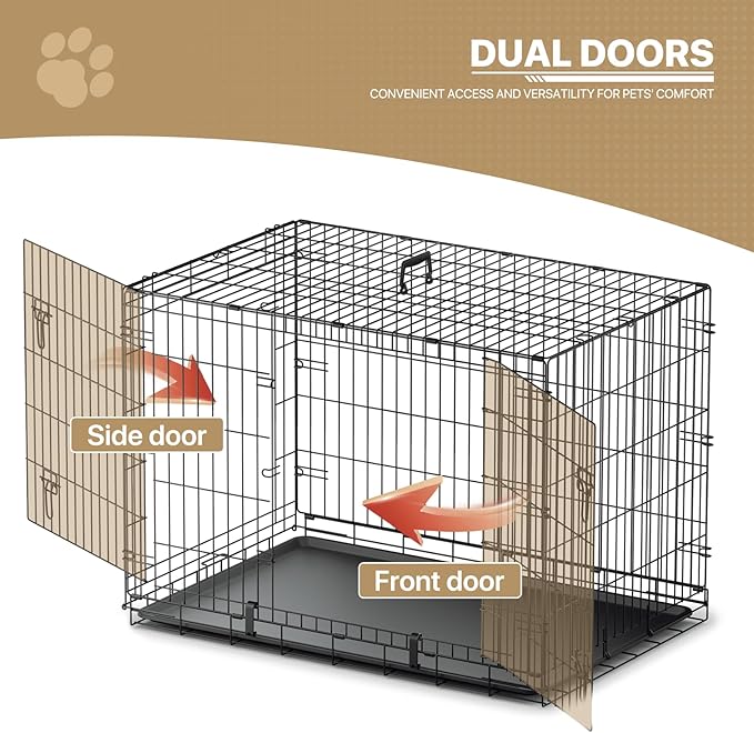 MoNiBloom 24/30/36/42/48 Dog Crates, Foldable Metal Wire Dog Cage with Double-Door, Outdoor Indoor Pet Kennels, Includes Leak-Proof Pan, Divider Panel, Black, 42"