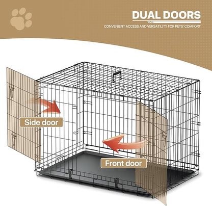 MoNiBloom 24/30/36/42/48 Dog Crates, Foldable Metal Wire Dog Cage with Double-Door, Outdoor Indoor Pet Kennels, Includes Leak-Proof Pan, Divider Panel, Black, 42"