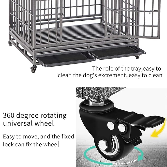 SMONTER 46" Heavy Duty Dog Crate Strong Metal Pet Kennel Playpen with Two Prevent Escape Lock, Large Dogs Cage with Wheels, Y Shape, Dark Silver …