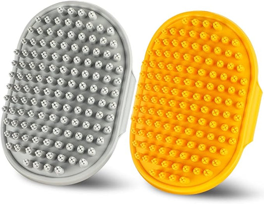 Dog Bath Brush | Dog Grooming Brush, Dog Shampoo Massage Bath Brush Comb with Adjustable Loop Handle for Grooming Short and Long Hair Cats and Dogs, 2pcs(Plum Brush Head, Orange + Grey)