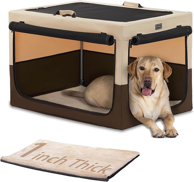 PETSFIT Soft Dog Crate, Travel Dog Crate - 36 Inch Easy Set-up, Light, Sturdy, Comfy Inside with Thicken Mat, Portable Crate for Home and Travel Brown