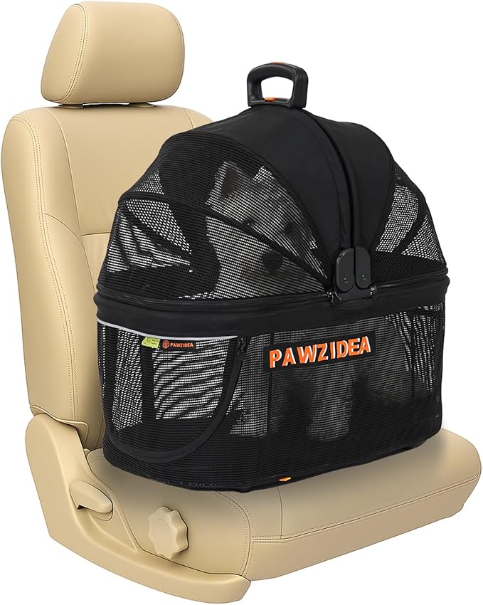 PAWZIDEA Portable Small Dog Crate for Car Travel, Enclosed Pet Car Seats for Small/Medium Dogs & Cats, Reversible No-Zip Canopy, Soft-Sided Pet Carrier Cage, Collapsible Travel Dog Kennel, Chew-Proof