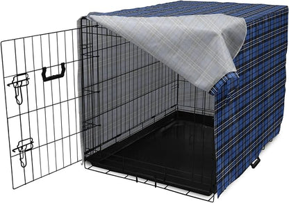 Lunarable Plaid Dog Crate Cover, Classical Old Fashioned Abstract Pattern Design Scottish Country Style, Easy to Use Pet Kennel Cover for Medium Large Dogs, 48 Inch, Violet Blue Black White