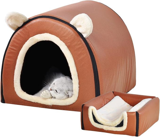 Cat Bed or Dog Bed,2 Ways to Use,Indoor Pet House with Fluffy Mat,Removable and Washable Cover,Splash-Proof House and Non-Slip Bottom,for Cats and Small Dogs(S Brown Faux Leather)