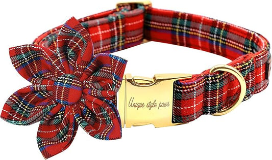 Uniqe Style Paws Christmas Grid Dog Collar, Female or Male Adjustable Dog Collar with Flower, Durable Floral Pattern Pet Collar for X-Small Dogs and Cats