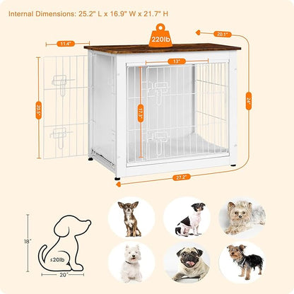 DWANTON Dog Crate Furniture with Cushion, Wooden Dog Crate with Double Doors, Dog Furniture, Dog Kennel Indoor for Small Dog，End Table, 27.2" L, White+Rustic Brown