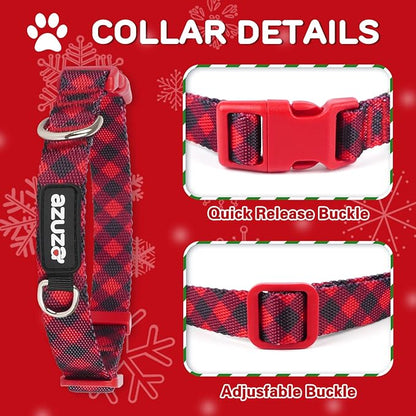azuza 3 Pack Christmas Nylon Dog Collars Buffalo Check Durable and Comfortable Dog Collars with ID Tag Ring Adjustable for Small Dogs, S (11-16inch)