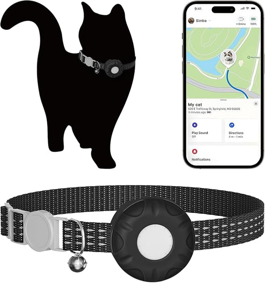 Pet Tracker for Cat, Real-time Cat Tracker with Breakaway Cat Collar, Compatible with Apple Find My(iOS Only), Alarm Alerts, No Monthly Fee, Battery Life Up to 1 Years, Black