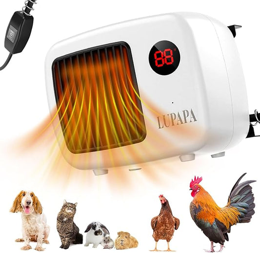 Thermostatic Dog House Heater with Anti-Bite Wires, Wall-Mounted Pet Heater with 2 Wind Speed Modes (300W/600W), Suitable for Pet House Stoves for Dogs Cats Chickens Hamsters