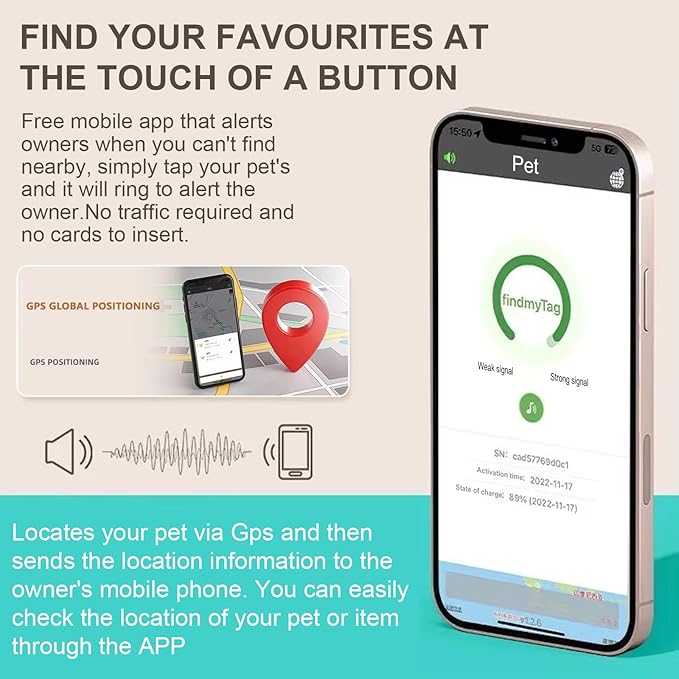 Cat Collar Cat Tracker Collar Dog Tracker Pet Tracker Kittens GPS Tracker for Cats Dogs| Android and iOS Universal| No Monthly Fee | No Charging Required | Waterproof | Smart Anti-Loss Locator (Cat)