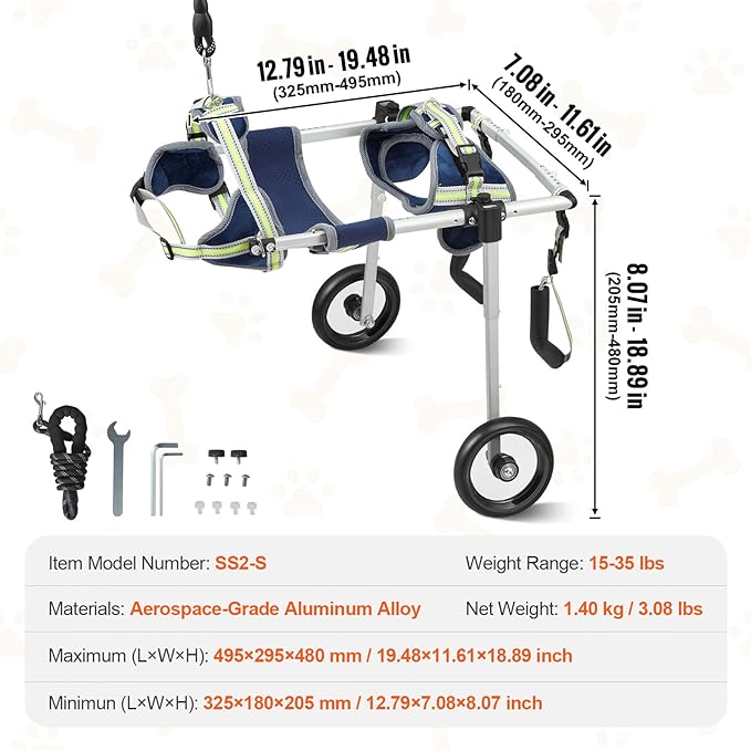 VEVOR Dog Wheelchair for Back Legs, Pet Wheelchair Lightweight & Adjustable Assisting in Healing, Dog Cart with 2 Wheels for Injured, Disabled, Paralysis, Hind Limb Weak Pet (Small)