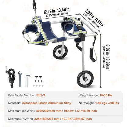 VEVOR Dog Wheelchair for Back Legs, Pet Wheelchair Lightweight & Adjustable Assisting in Healing, Dog Cart with 2 Wheels for Injured, Disabled, Paralysis, Hind Limb Weak Pet (Small)
