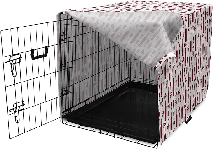 Lunarable Drinks Dog Crate Cover, Illustration of Grunge Style Wine Bottles Glasses Cheese and Grapes Vintage, Easy to Use Pet Kennel Cover for Small Dogs Puppies Kittens, 22 Inch, Maroon and White