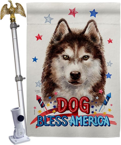 Breeze Decor Patriotic Brown Siberian Husky House Flag-Eagle Set Dog Puppy Spoiled Paw Canine Fur Pet Nature Farm Animal Creature Banner Small Garden Yard Gift Double-Sided, Made in USA