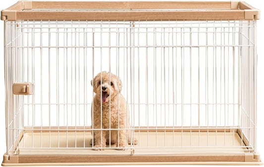 USA Large Dog Crate, Dog Kennel Indoor with Sliding Door & Bottom Tray, Dog Cage, Wire Pet Pen with Bottom Tray, Stylish Wood-Like Trim, Light Brown