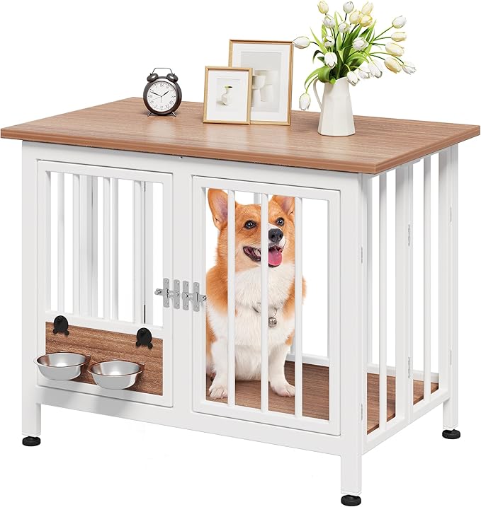 YITAHOME 33" Foldable Dog Crate Furniture, Portable Wooden Kennel End Table with Adjustable Feet & 360° Rotatable Bowls, Perfect for Small to Medium Dogs, Brown