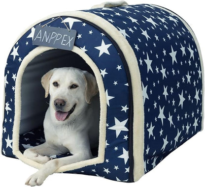 ANPPEX Large Igloo Dog House Indoor,2XL Size Dog Cave for Large and Medium Dogs,2-in-1 Washable Covered Dog Bed,Blue