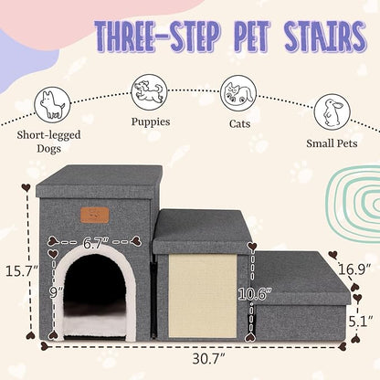 downluxe Dog Stairs for Small Dogs, Foldable Dog Steps for Bed, Sofa and Chair, Non-Slip Pet Steps with Cat Scratcher and Condo (3-Step Pet Stairs, Dark Grey)