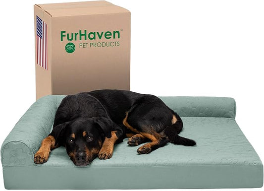 Furhaven Orthopedic Dog Bed for Large Dogs w/ Removable Bolsters & Washable Cover, For Dogs Up to 95 lbs - Pinsonic Quilted Paw L Shaped Chaise - Iceberg Green, Jumbo/XL