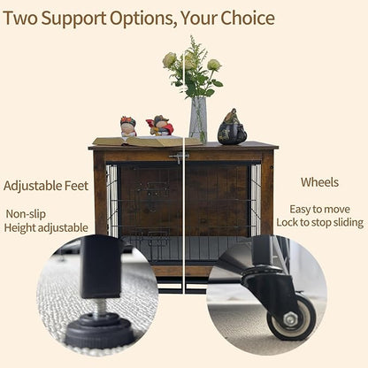 Dog Crate Furniture for Medium Dogs, Decorative Wooden Dog Kennel Cage House Indoor for Puppy Pet with Tray Cushion Foldable Top, Storage Playpen, End Side Table, Medium,31" L,Rustic Brown