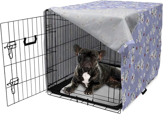Ambesonne Floral Dog Crate Cover, Japanese Flowers Sakura Blossoms and Ladybugs on Soft Toned Background, Easy to Use Pet Kennel Cover for Cats & Medium Dogs, 24 Inch, Pale Ceil Blue White