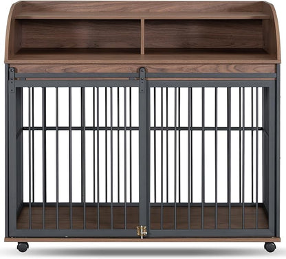 Merax 44" Heavy Duty Large Medium Dog Crate, Wooden Metal Kennel Pet Cage with Lockable Wheels & End Table Double Layer Storage Indoor Furniture, Brown