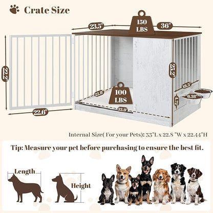 Dog Crate Furniture for Large Dogs, 36" Indoor Wooden Dog Kennel with 270° Swivel Door & 360° Rotating Feeder, Decorative Heavy Duty Dog House with Double Locks & Bowls, White