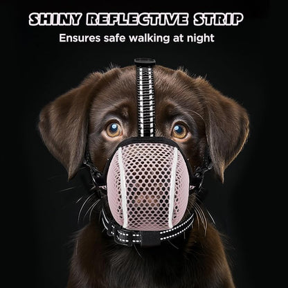 Dog Muzzle,Mesh Soft Muzzle for Small Medium Large Sized Dogs, Breathable Reflective Adjustable Puppy Muzzles with Collar for Scavenging Grooming Biting Chewing,Allows Panting and Drinking(Pink M)