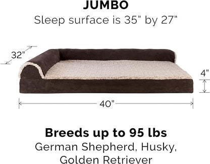 Furhaven Orthopedic Dog Bed for Large Dogs w/ Removable Bolsters & Washable Cover, For Dogs Up to 95 lbs - Two-Tone Plush Faux Fur & Suede L Shaped Chaise - Espresso, Jumbo/XL