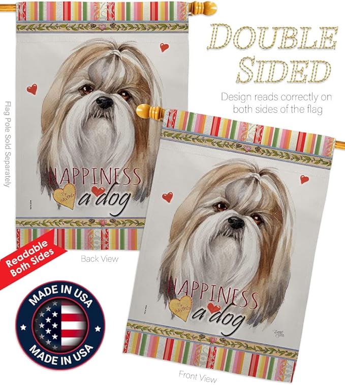 Breeze Decor Shih Tzu Happiness Garden House Flag Kit Dog Puppy Spoiled Paw Canine Fur Pet Nature Farm Animal Creature Decoration Banner Small Yard Gift Double-Sided, Made in USA