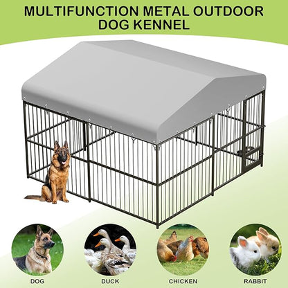 Large Outdoor Dog Kennel with Waterproof Cover, Large Dog House with Feeding Doors, Heavy Duty Dog Enclosures for Garden Backyard Courtyard（10×10×7FT）