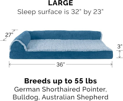 Furhaven Memory Foam Dog Bed for Large/Medium Dogs w/ Removable Bolsters & Washable Cover, For Dogs Up to 55 lbs - Two-Tone Plush Faux Fur & Suede L Shaped Chaise - Marine Blue, Large