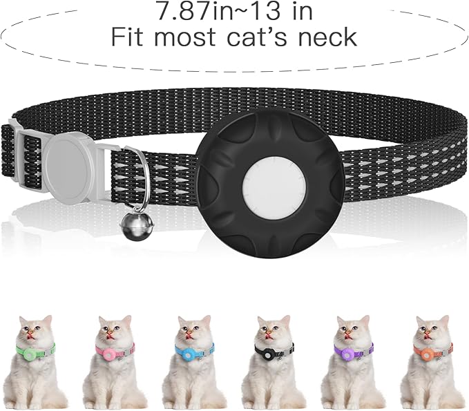 Cat Tracker Collar,No Monthly Fee Tracking Pet Collar with Finder Tag,Compatible with Apple Find My(iOS Only),Breakaway Tractive Design with Reflective Pattern & Bell,Black