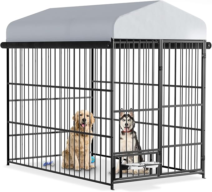 Outdoor Dog Kennel - 6.6 x 3.9 x 5.9 ft Outside Dog Kennel with Roof,Large Dog Outdoor Kennel with Rotating Feeding Bowls for Medium Small Dogs