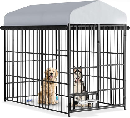 Outdoor Dog Kennel - 6.6 x 3.9 x 5.9 ft Outside Dog Kennel with Roof,Large Dog Outdoor Kennel with Rotating Feeding Bowls for Medium Small Dogs