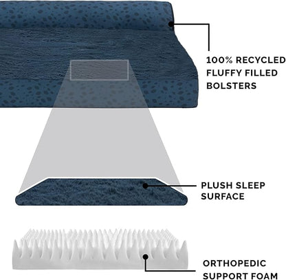 Furhaven Orthopedic Dog Bed for Large Dogs w/ Removable Bolsters & Washable Cover, For Dogs Up to 95 lbs - Plush & Almond Print L Shaped Chaise - Blue Almonds, Jumbo/XL
