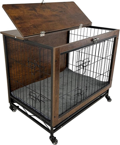Dog Crate Furniture for Medium Dogs, Decorative Wooden Dog Kennel Cage House Indoor for Puppy Pet with Tray Cushion Foldable Top, Storage Playpen, End Side Table, Medium,31" L,Rustic Brown