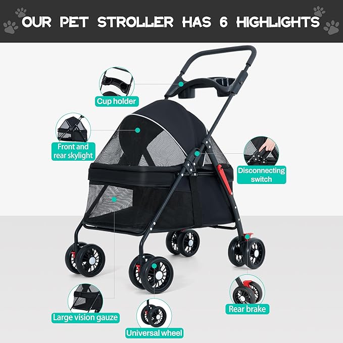 Pet Stroller 4 Wheels Dog Cat Stroller,Pet Folding Stroller,Foldable Dog Cat Cage Jogger Stroller with Storage Basket and Cup Holder,Breathable and Visible Mesh for Medium Small Dogs Cats